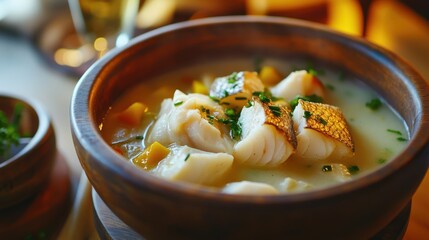 Norwegian fish soup served in a rustic wooden bowl, showcasing traditional European cuisine with fresh herbs and tender fish pieces, capturing a warm and comforting dining experience