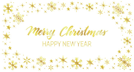 Handwritten Christmas greetings in a snowflakes frame, modern festive calligraphy lettering in golden over white. © Mara Fribus