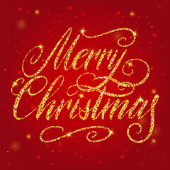 Merry christmas greetinig card with golden glitter lettering