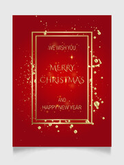 Handwritten Christmas and New Year greetings in a glowing frame, modern festive calligraphy lettering in golden over red. Holiday season design