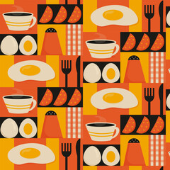 Geometric pattern in the flat style on the theme of breakfast with coffee, scrambled eggs, appliances, salt shaker and tomatoes