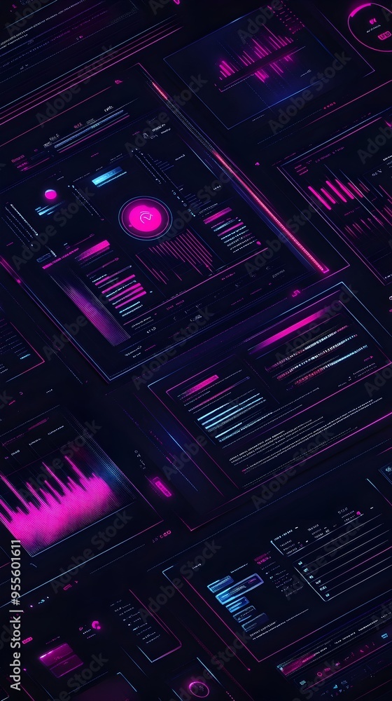 Aufkleber futuristic dark mode website with vibrant neon glowing interface and sleek minimalist ui design