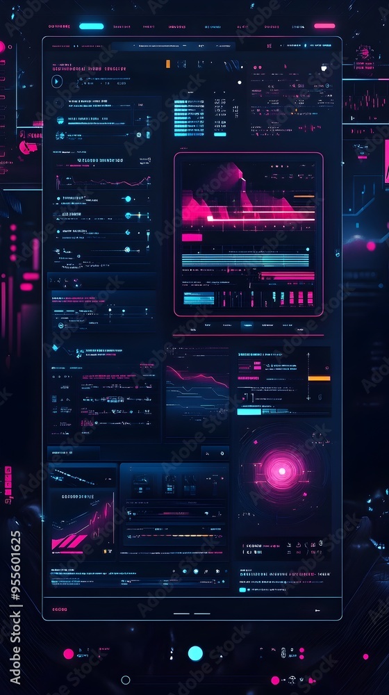 Aufkleber futuristic dark mode website layout with glowing neon interface elements and vibrant color palette