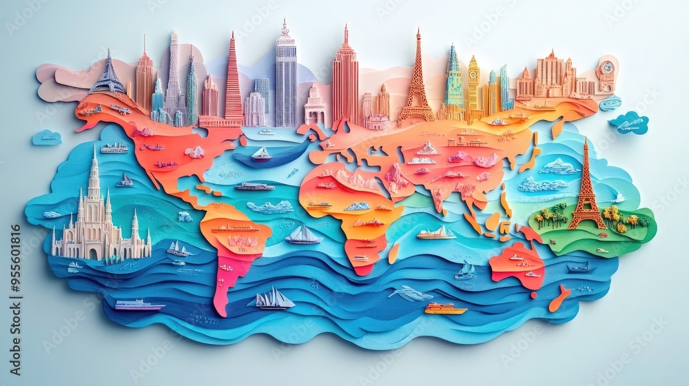 Fototapete An artistic world map with abstract travel elements, creating a visually appealing backdrop for travel content. Ample copy space.