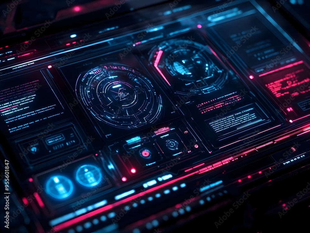 Poster captivating cyberpunk inspired holographic ui showcasing bold geometric patterns and digital