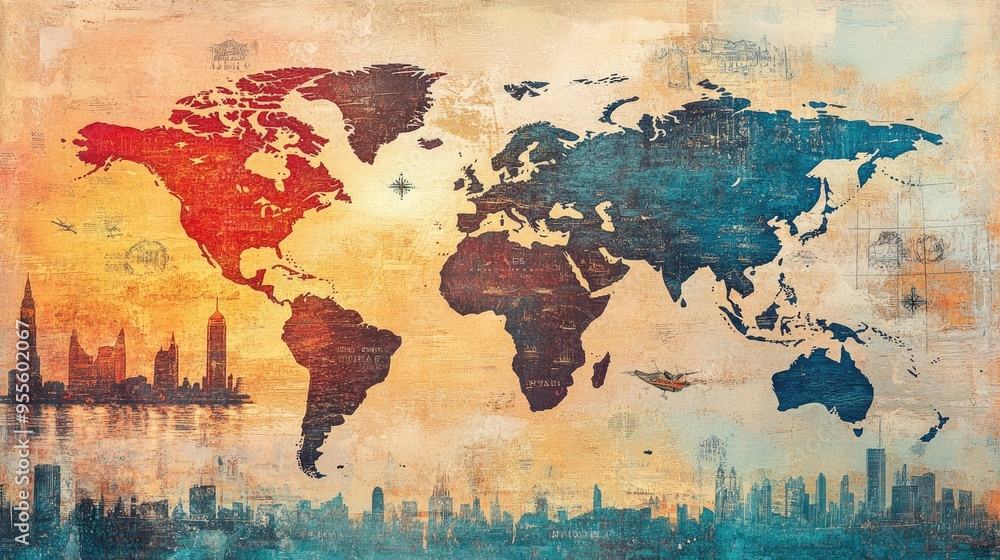 Poster an artistic world map with abstract travel elements, creating a visually appealing backdrop for trav
