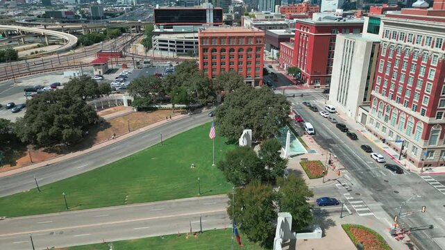 Rotating Aerial of Dealey Plaza and Grassy Knoll in Dallas Texas
