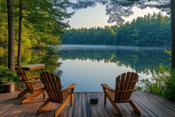 Fototapeta premium Tranquil Lakeside Cabin RetreatAdirondack Chairs in Gentle Morning Light