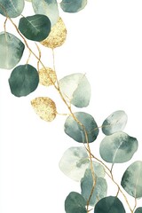 Watercolor and Gold Eucalyptus Borders on White Background for Design and Decoration Generative AI