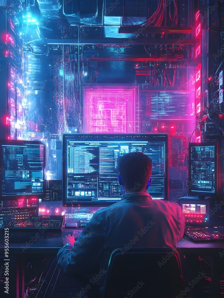 Poster immersive digital landscape captivates software engineer lost in concentrated coding and