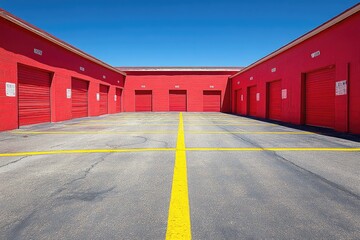 Red Storage Units with Yellow Parking Lines