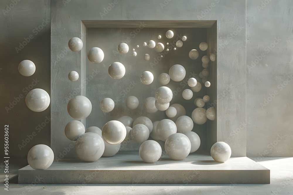 Poster ethereal composition of floating spheres in a minimalist space