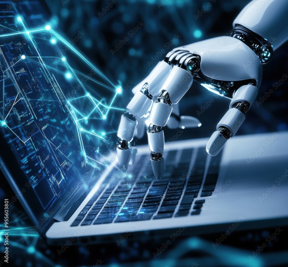 Poster futuristic robot hand typing on a laptop keyboard, illustrating artificial intelligence in technolog