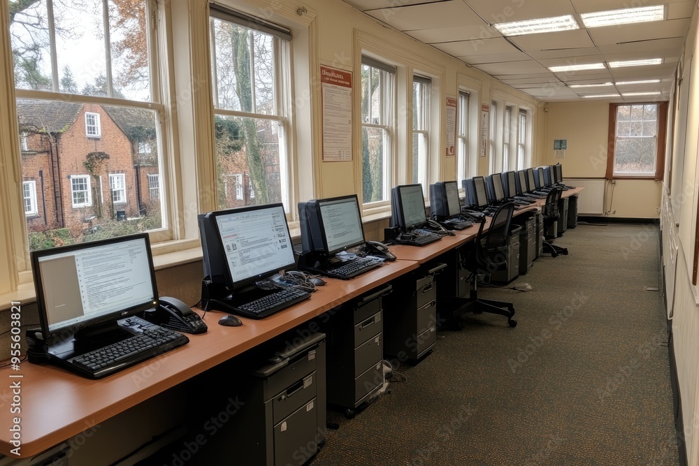 Poster row of computers in a room with windows