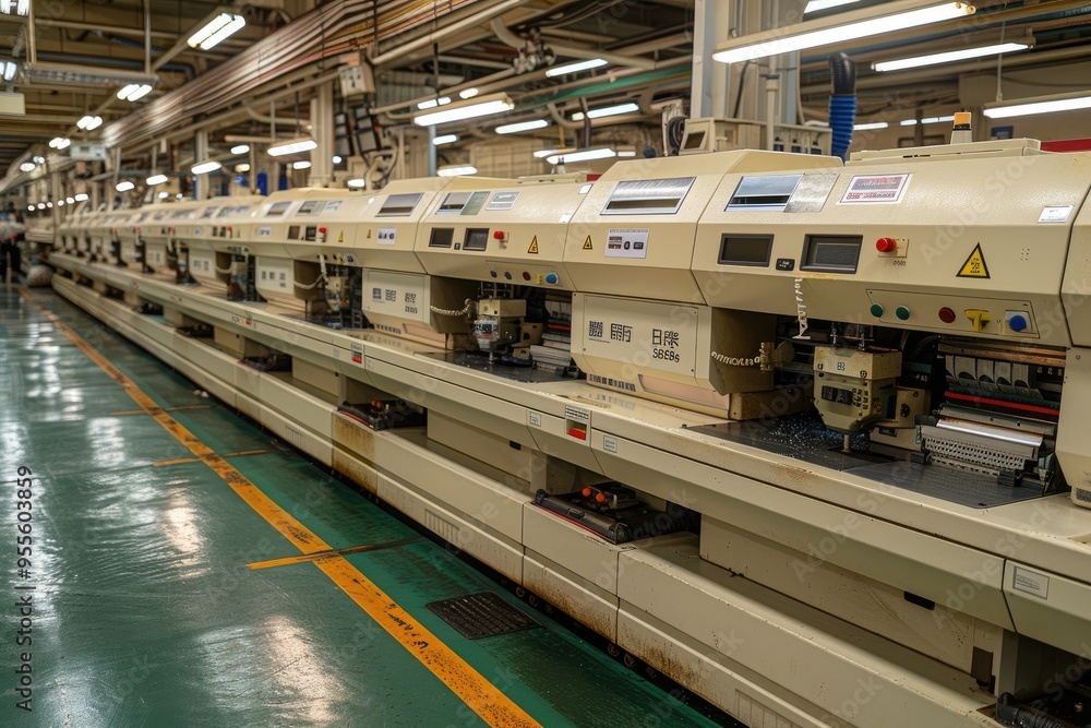 Poster row of industrial machines in a factory setting