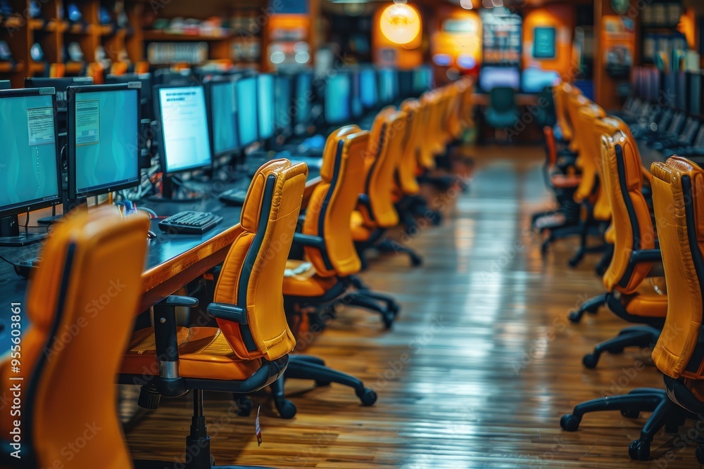 Poster row of orange computer chairs in a computer lab