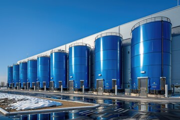 Obraz premium Row of Blue Industrial Storage Tanks with Reflections