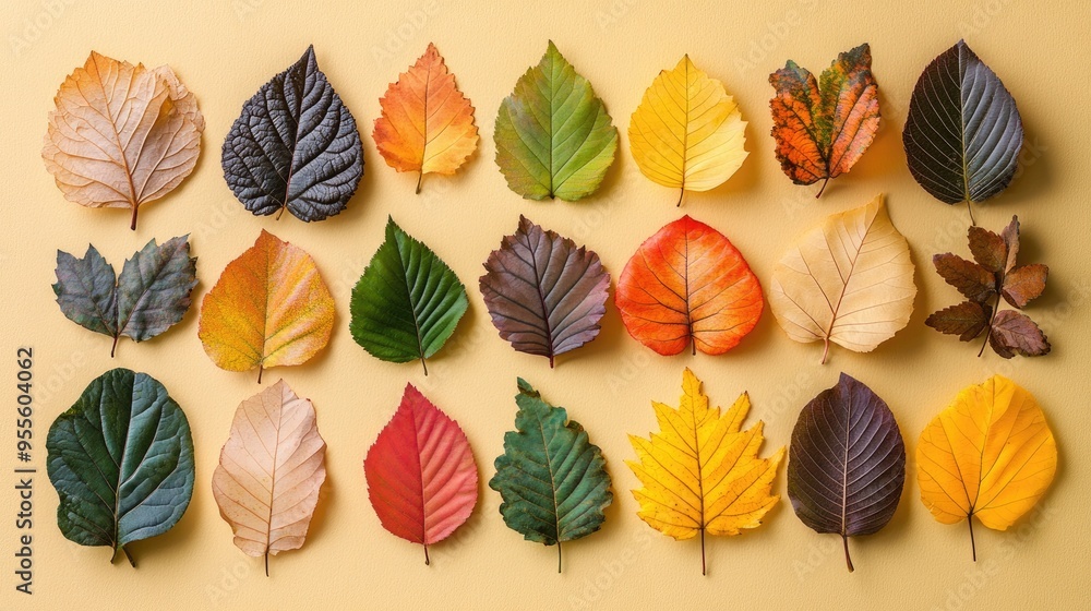Poster an assortment of isolated fall leaves in various colors and shapes, arranged creatively on a neutral