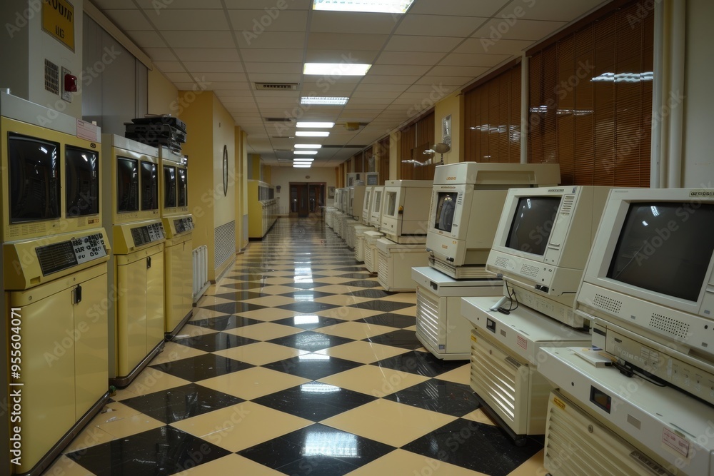 Poster row of vintage computers in a hallway with checkered floor