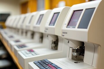 Row of White Automated Ophthalmic Diagnostic Machines