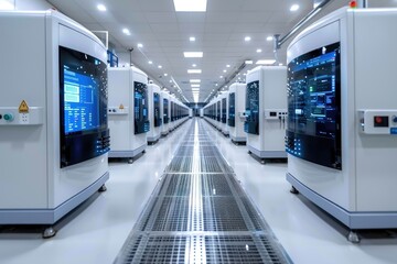 Row of White Servers with Blue Screens in a Modern Data Center