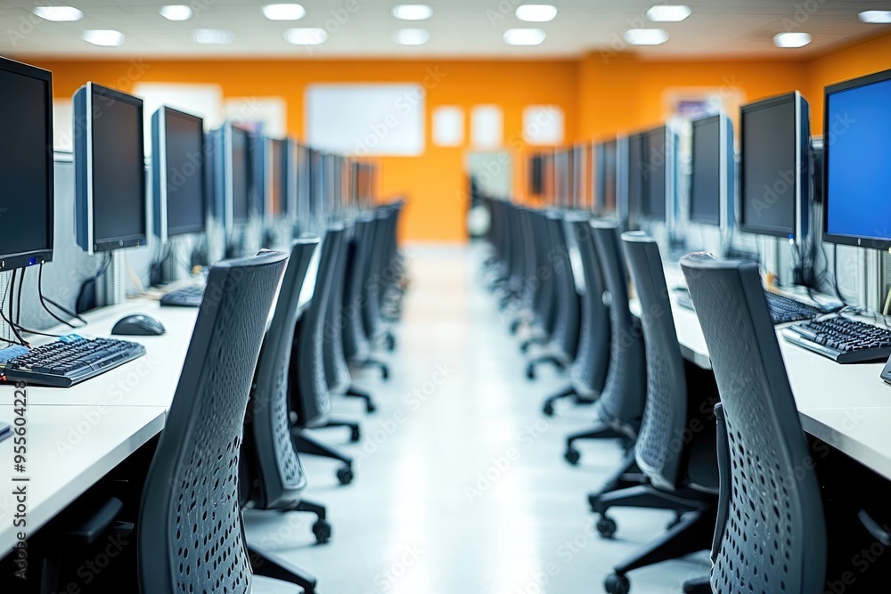 Poster rows of computers and chairs in an office setting