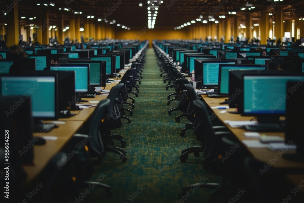 Poster rows of computers in a large empty room