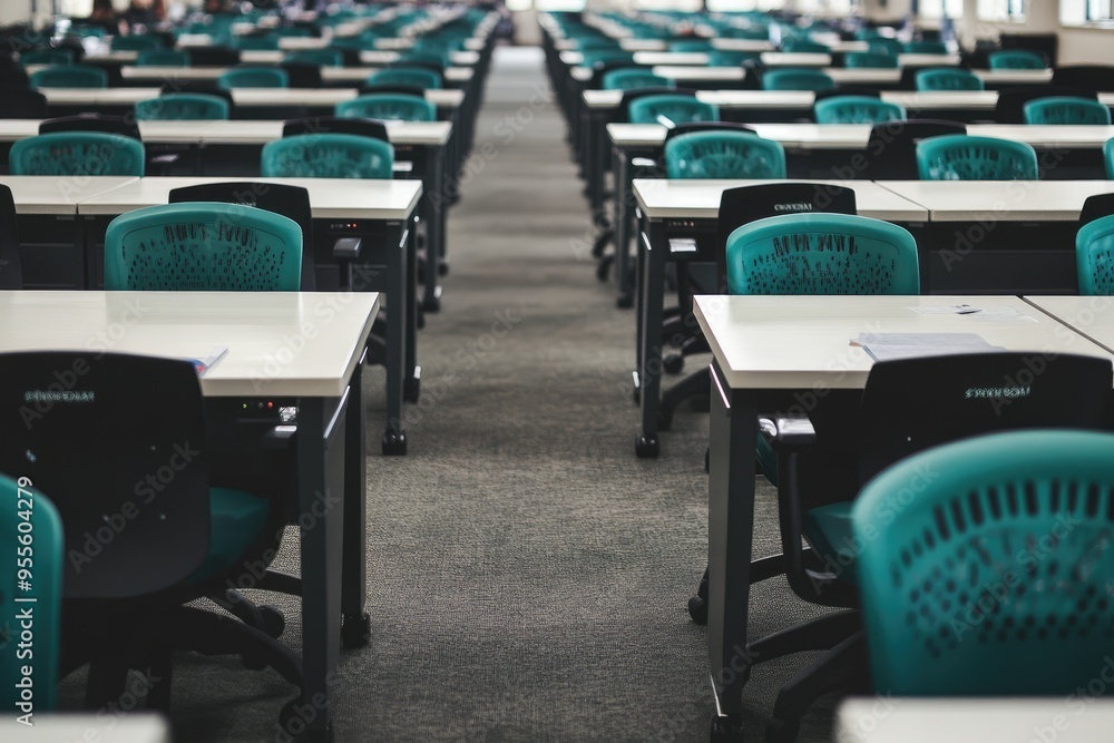 Poster rows of empty desks and chairs in a classroom