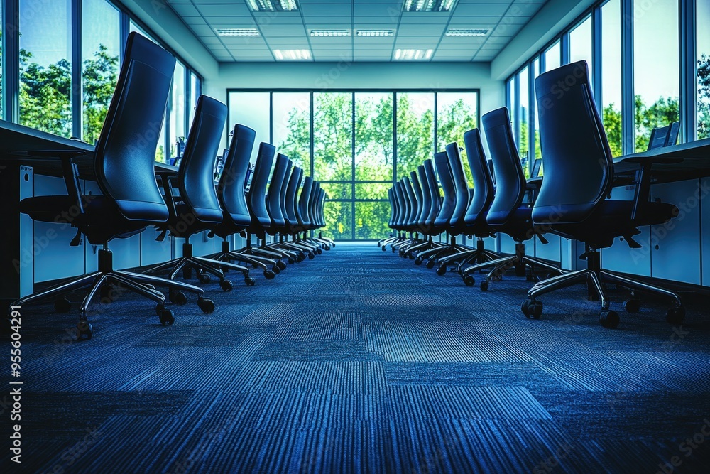 Aufkleber rows of empty office chairs facing a window with green trees