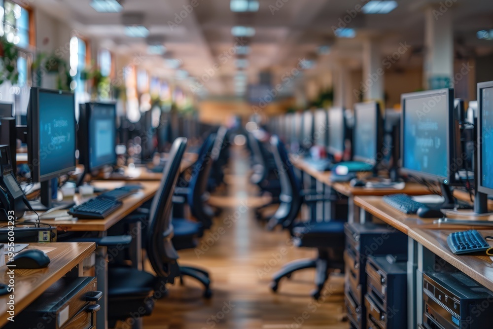 Poster rows of desks and computers in an office setting