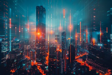Fototapeta premium Futuristic Cityscape with Neon Lights and Data Streams
