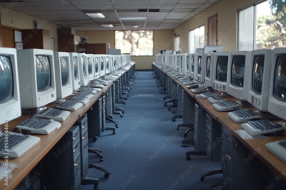 Poster rows of vintage computers in an office setting