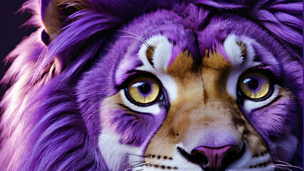 Close-up portrait of a lion with purple hair in the studio