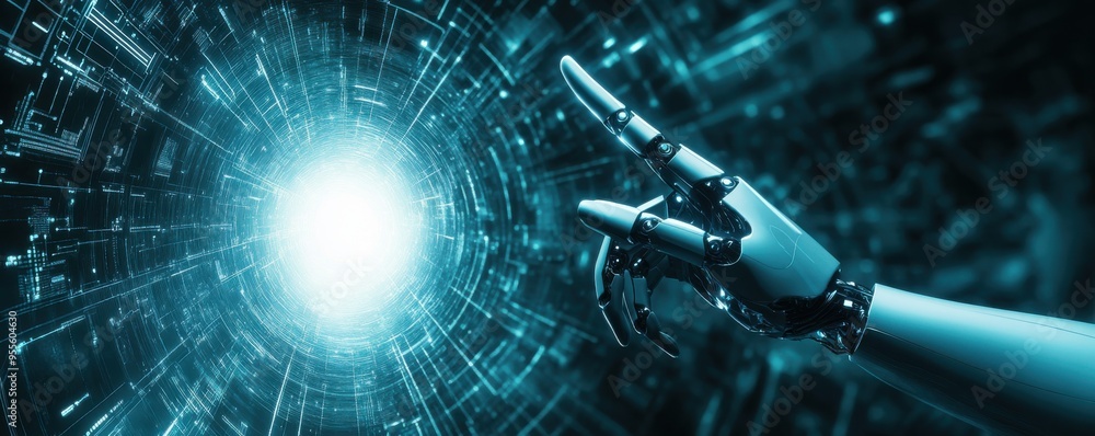 Poster futuristic ai robot hand pointing towards a glowing digital center symbolizing technology and artifi