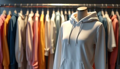 White Hoodie Mockup Displayed in a Modern Retail Shop Setting