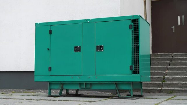 Diesel powered generator. Power station is an independent, complete power generation device and system. Source of electric energy, connected to the building, zoom-out video