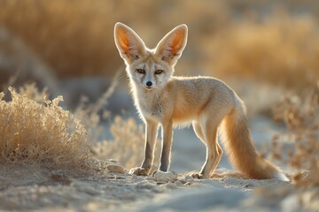 Cute young fennec fox sits on sandy ground surrounded by autumn foliage in a desert environment