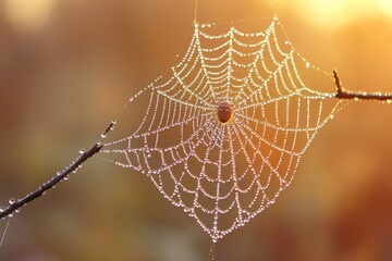 Spiderweb with Dew Drops in the Morning Sun
