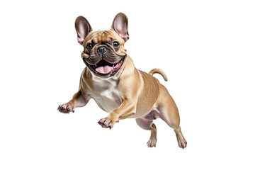 French bulldog in mid-jump, exhibiting joy, full body visible, isolated on a pure white background, high quality stock photo, crisp edges, bright lighting, high resolution, ultra clear