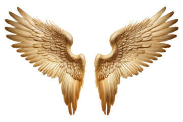 Golden angel wings, perfectly symmetrical, isolated from each other, against a flawless white background, captured as a high-quality stock photograph, featuring precise feather detailing