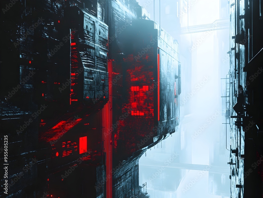 Poster dystopian 3d web environment with ominous undertones and stark contrasts of light and shadow