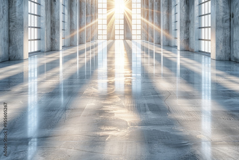 Poster sunbeams through windows in a large empty room with concrete pillars