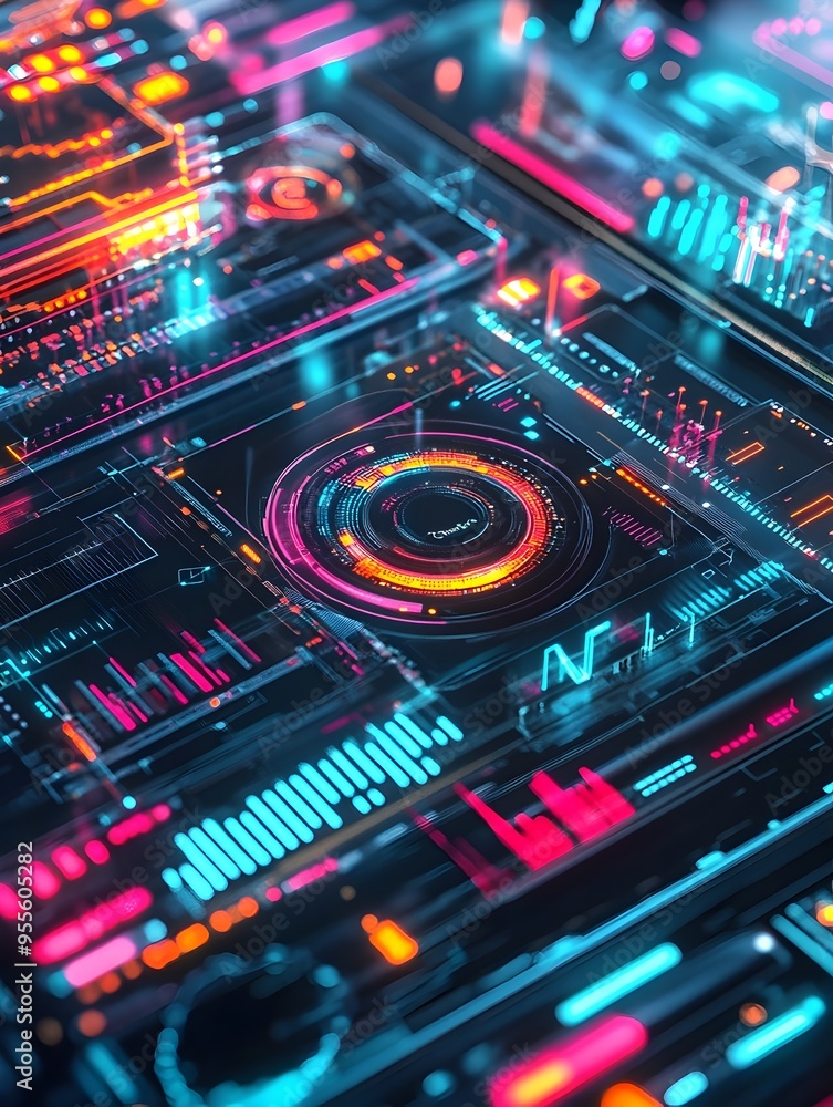 Poster futuristic holographic web interface with vibrant kaleidoscopic data visualizations