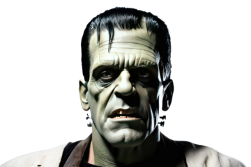 Frankenstein's face, detailed with stitches and bolts, embodying the classic Halloween character, isolated on a pristine white background for a high-quality stock photograph