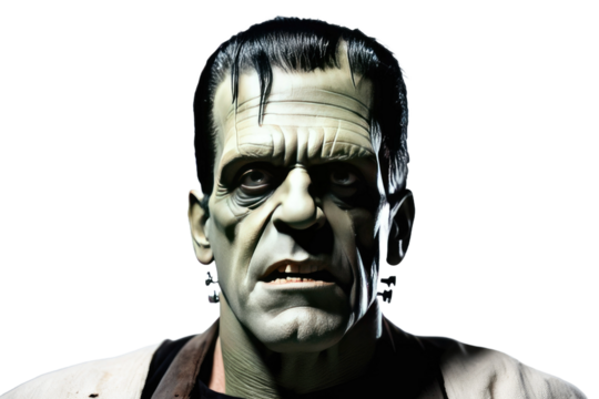 Frankenstein's face, detailed with stitches and bolts, embodying the classic Halloween character, isolated on a pristine white background for a high-quality stock photograph