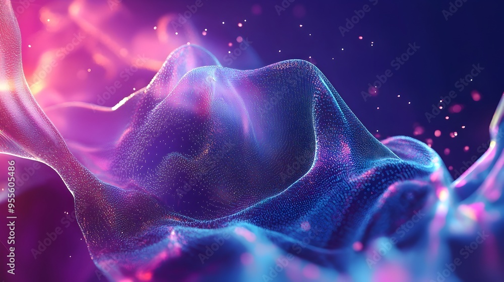 Poster captivating digital interface with dreamlike geometric shapes and particle effects
