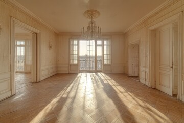 Obraz premium Sunlit Room with French Doors and Chandelier in Abandoned Mansion