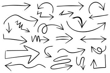 Arrow marker pen line strokes. Hand drawn sketch arrow direction icon set.