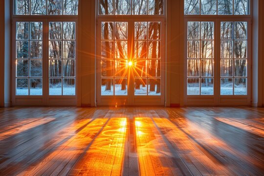 Fototapeta Sunset Light Shining Through Paned Windows onto Wooden Floor