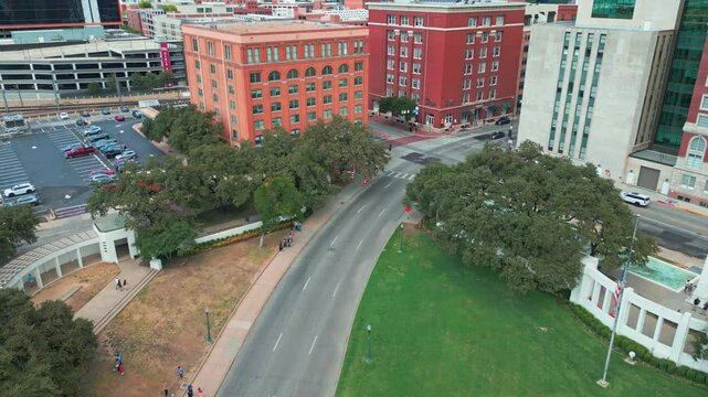 Zoom Out Aerial of Dealey Plaza in Dallas Texas